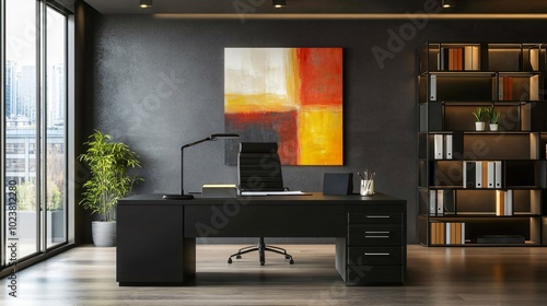 Contemporary home office with sleek furniture, natural lighting, and modern wall art, copy space