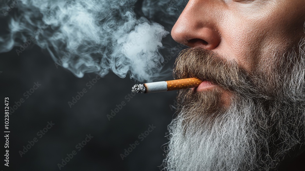 Fototapeta premium studio close-up of a bearded man smoking a cigarette, with smoke against a grey background and ample copy space on the right for text or information
