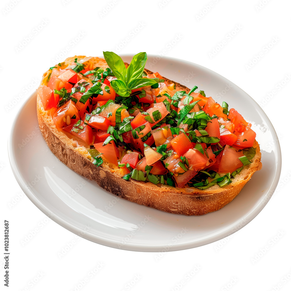 Traditional Italian breakfast. Bruschetta isolated on white or transparent background. Bruschetta on white plate close-up. Side view.