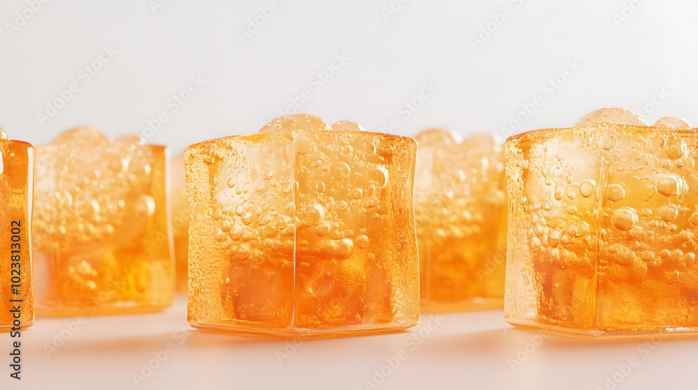 Orange ice cubes with bubbles on white background Orange ice cubes with bubbles on white background
