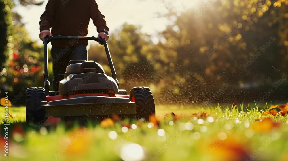 Man Mowing Lawn in Garden on Sunny Autumn Day Man Mowing Lawn in Garden on Sunny Autumn Day