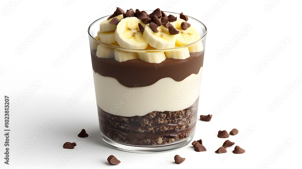 Delicious banana chocolate parfait with creamy layers and crunchy topping Delicious banana chocolate parfait with creamy layers and crunchy topping