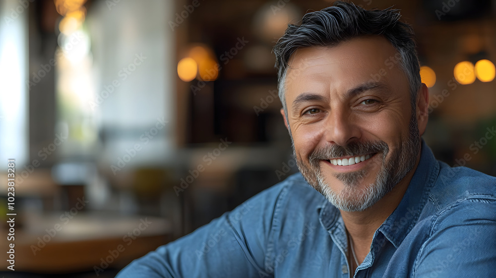 Middle-aged man smiling in a rustic modern setting. Middle-aged man smiling in a rustic modern setting.