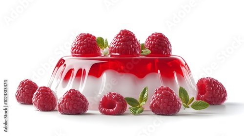 Vibrant raspberry jelly with fresh raspberries and mint on white background