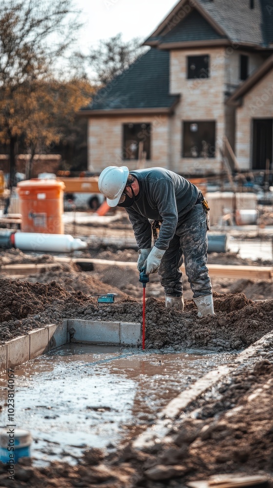 A worker carefully levels fresh concrete for a new building A worker carefully levels fresh concrete for a new building