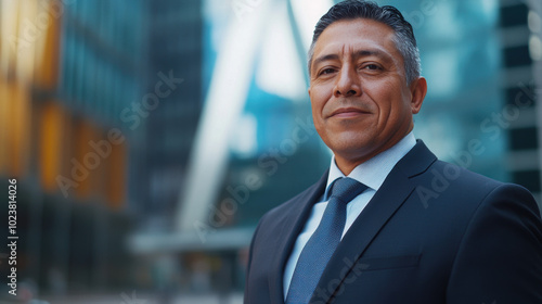 A man in a suit and tie stands in front of a building