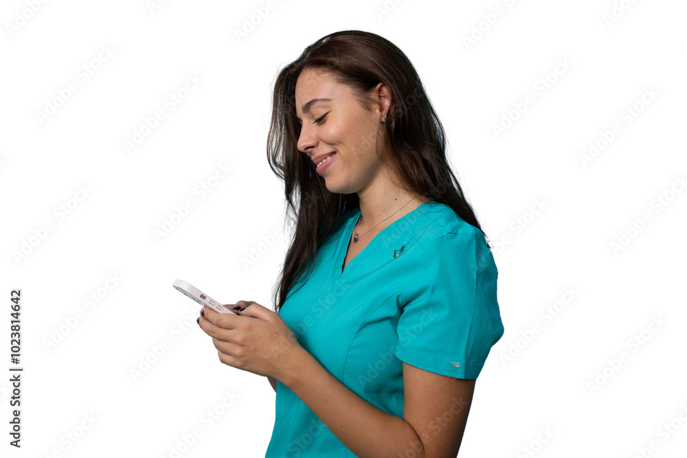 Portrait of a young nurse in scrubs using a smartphone Portrait of a young nurse in scrubs using a smartphone