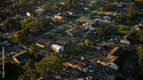 Aerial view of hurricane aftermath showing damaged homes and debris