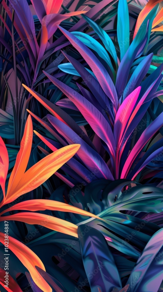 A visually striking image of tropical foliage featuring neon colors and abstract patterns, creating a vibrant jungle scene. A visually striking image of tropical foliage featuring neon colors and abstract patterns, creating a vibrant jungle scene.