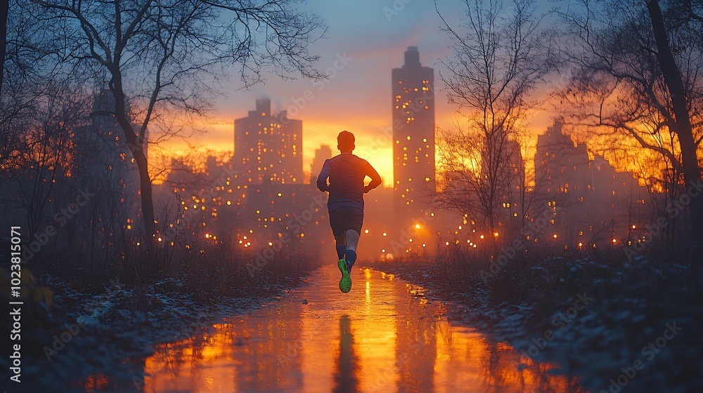 Runner sprinting through an urban park at dusk bright city lights in the background wearing neon running shoes intense concentration Runner sprinting through an urban park at dusk bright city lights in the background wearing neon running shoes intense concentration