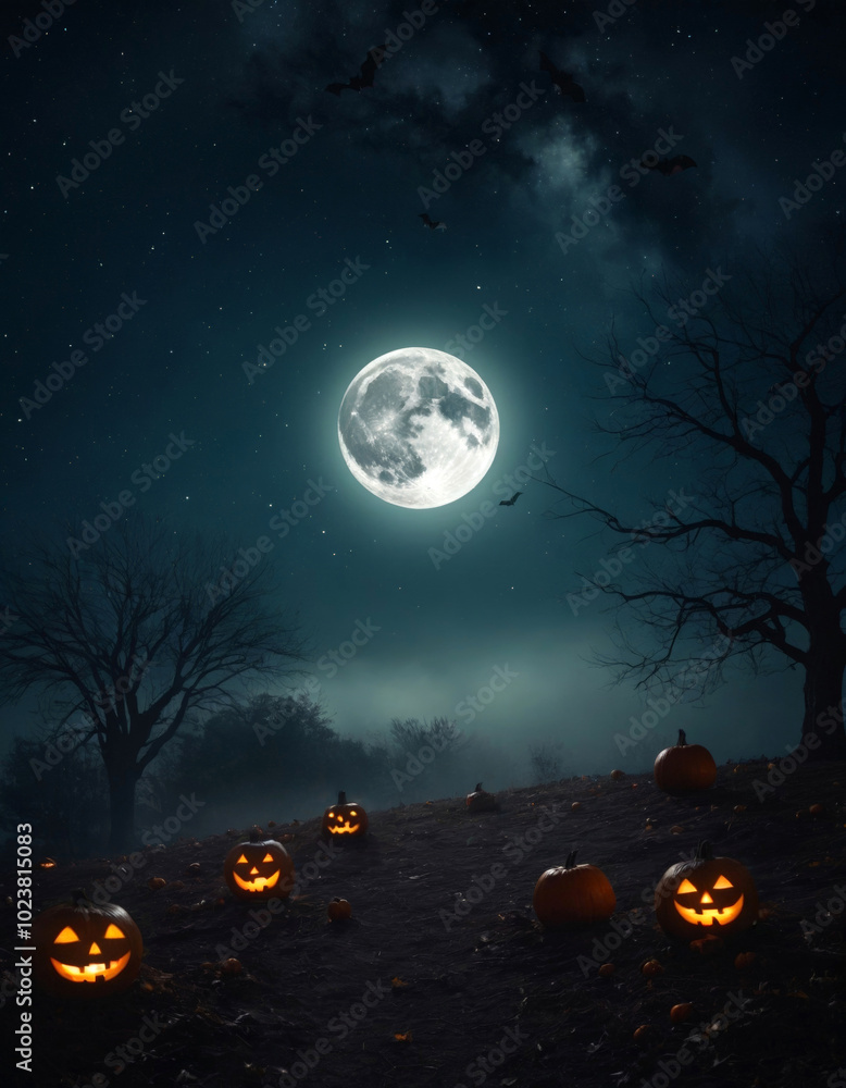 Fototapeta premium Ominous night landscape with pumpkins, trees and the moon