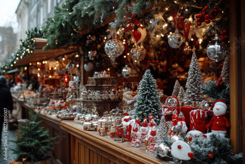 Charming winter evening at a festive Christmas market adorned with twinkling lights