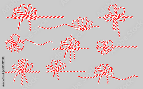 Set of cotton red white twine ribbon bows. Bowknot for package or letter.  Elegant minimal style gift wrap for New year, Christmas