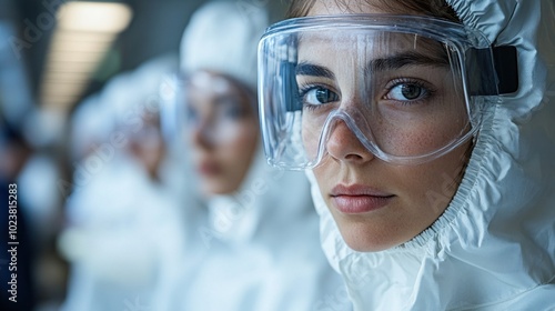 Health worker dons protective gear, including a face mask and goggles, ready to provide care in a medical facility amidst ongoing health crises and pandemic conditions