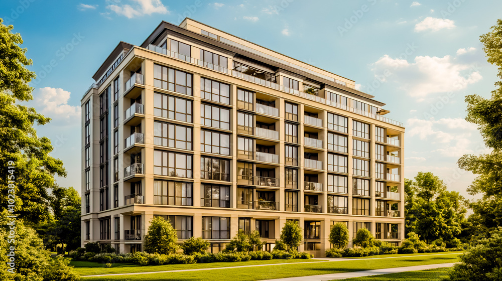 A 3D view of a 5-story building, featuring a modern architectural design with large windows and a clean, minimalist facade. A 3D view of a 5-story building, featuring a modern architectural design with large windows and a clean, minimalist facade.