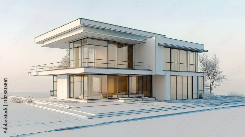 A 3D view of a house model, showcasing modern architecture with clean lines and detailed design. A 3D view of a house model, showcasing modern architecture with clean lines and detailed design.