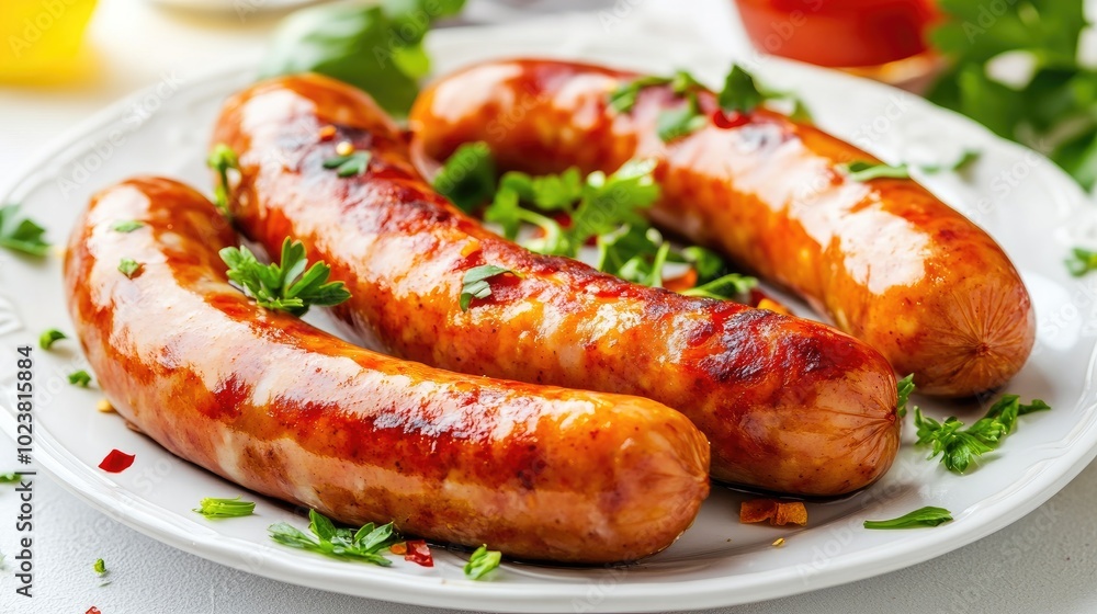 Grilled Sausages on White Plate with Herbs Grilled Sausages on White Plate with Herbs
