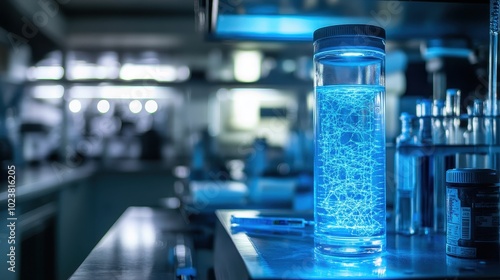 Futuristic Laboratory Glowing Beaker with Vibrant Blue Liquid