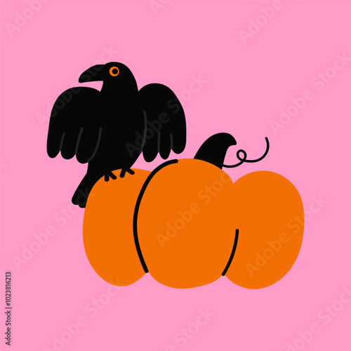 Black crow sitting on orange pupmkin, doodle illustration with Halloween vibe.