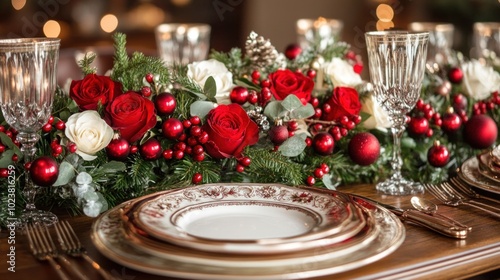 A beautifully arranged holiday table features red and white roses, greenery, and decorative ornaments, creating an inviting dining atmosphere for seasonal celebrations