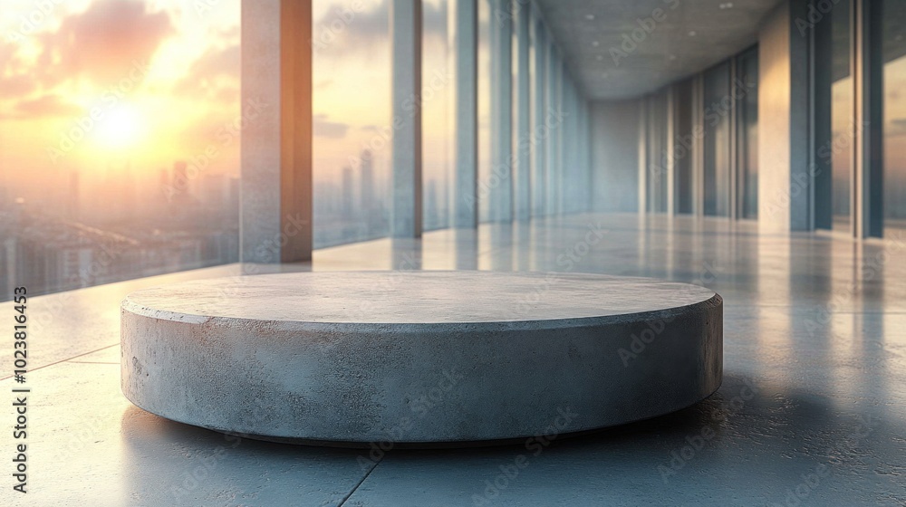 Fototapeta premium A minimalist concrete platform sits inside a high-rise building, surrounded by large windows that frame a breathtaking sunset illuminating the city skyline