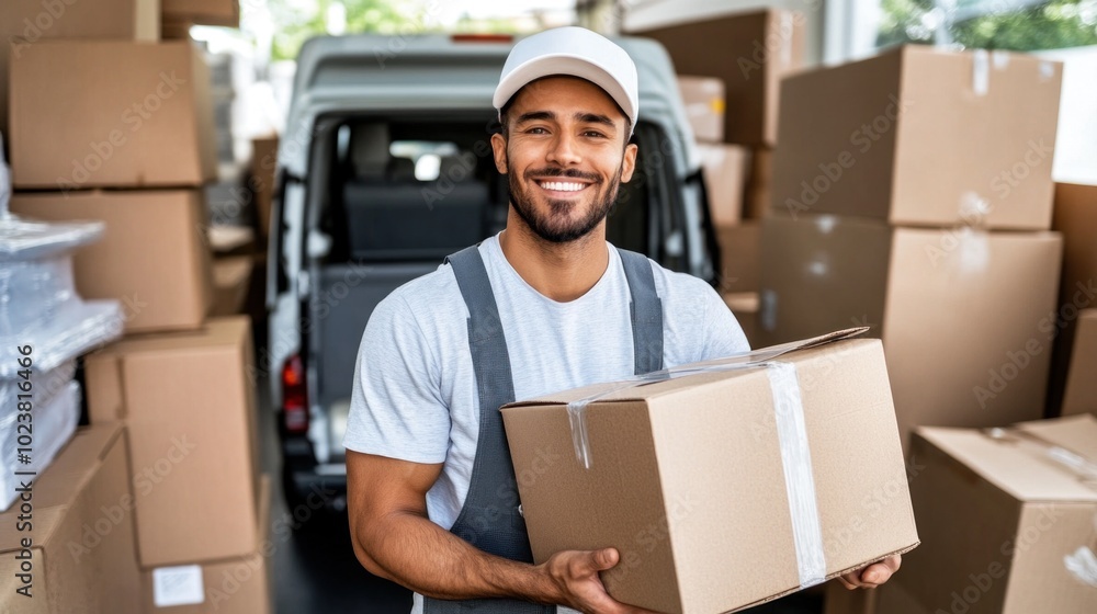 A man smiles while carrying a cardboard box in a warehouse busy with stacked boxes and a delivery van in the background, suggesting an active shipping environment A man smiles while carrying a cardboard box in a warehouse busy with stacked boxes and a delivery van in the background, suggesting an active shipping environment