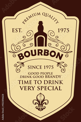 Monochrome vector label for bourbon with a bottle, curlicues and fleur de lis on a beige backdrop in a curly frame. Figured label or sticker for a strong alcohol drink in retro style isolated on white