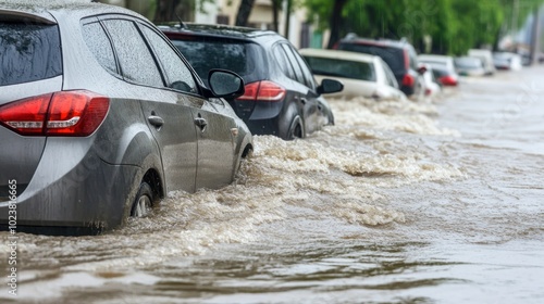 Water levels rise significantly, flooding the streets and affecting parked cars. The intense rain continues, causing mobility issues and panic among residents in the area