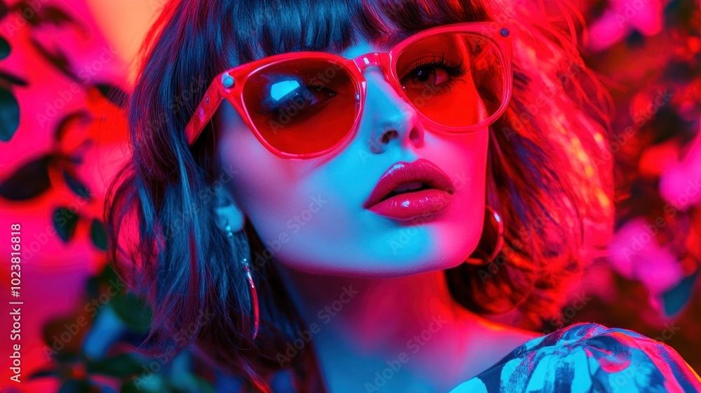 Fototapeta premium A confident model showcases bold red sunglasses, accentuated by her striking lip color, surrounded by a backdrop of colorful foliage and neon lighting, creating a lively atmosphere