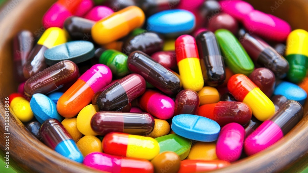 A diverse collection of brightly colored capsules and pills fills a rustic wooden bowl, set against a natural background, highlighting the vivid array of shapes and colors in the soft daylight A diverse collection of brightly colored capsules and pills fills a rustic wooden bowl, set against a natural background, highlighting the vivid array of shapes and colors in the soft daylight