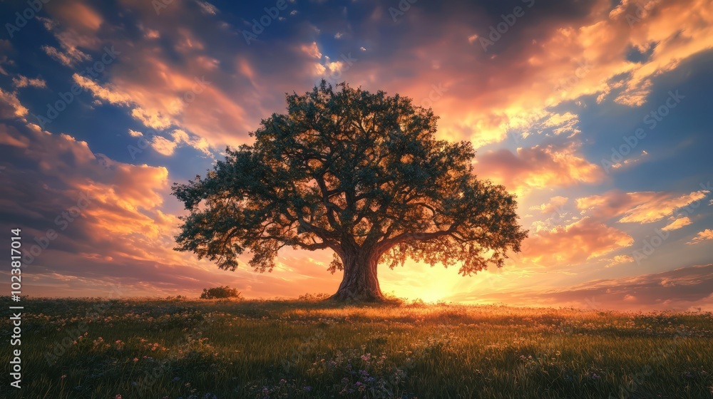Ancient, weathered oak tree standing alone in a wide meadow, with a dramatic sunset painting the sky in rich colors Ancient, weathered oak tree standing alone in a wide meadow, with a dramatic sunset painting the sky in rich colors