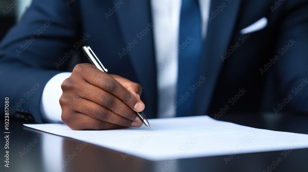 A well-dressed individual is focused on writing notes on a blank sheet of paper while seated at a modern desk in an office setting, emphasizing professionalism and dedication A well-dressed individual is focused on writing notes on a blank sheet of paper while seated at a modern desk in an office setting, emphasizing professionalism and dedication