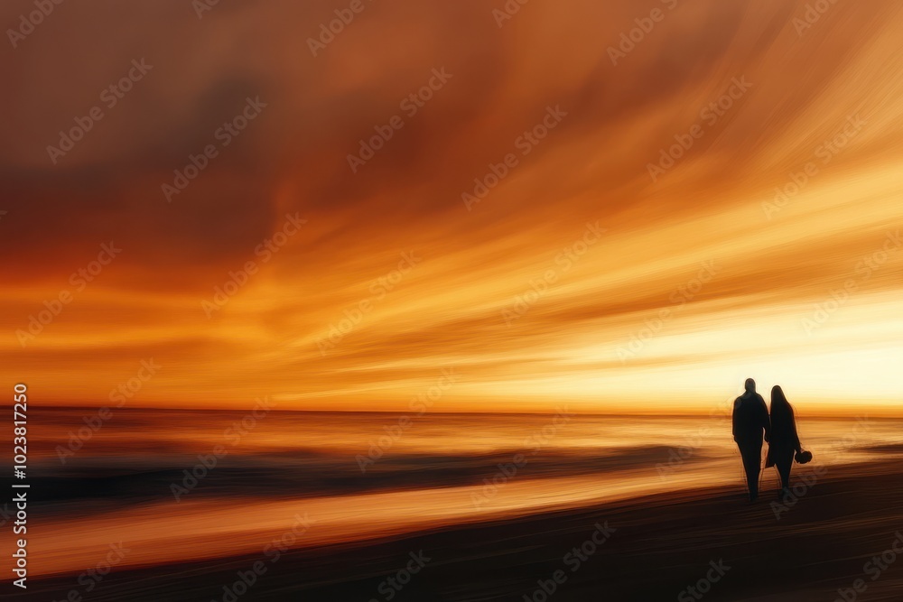 Romantic Couple Walking Hand in Hand at Sunset Beach Romantic Couple Walking Hand in Hand at Sunset Beach