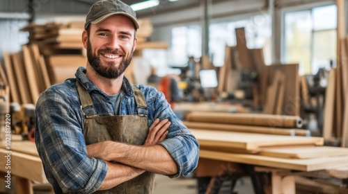 A skilled craftsman stands confidently with arms crossed in a well-lit woodworking shop filled with timber and various tools, showcasing a welcoming smile