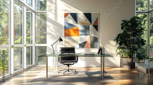 Contemporary home office with sleek furniture, natural lighting, and modern wall art, copy space