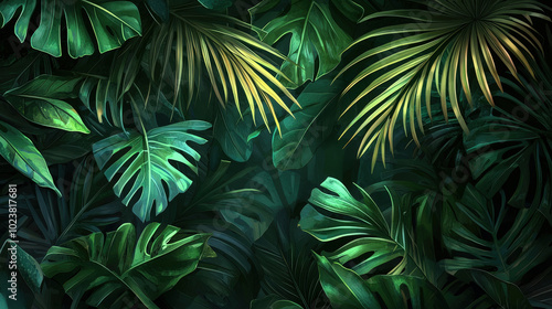  Tropical palm and monstera leaves in a dark, lush environment