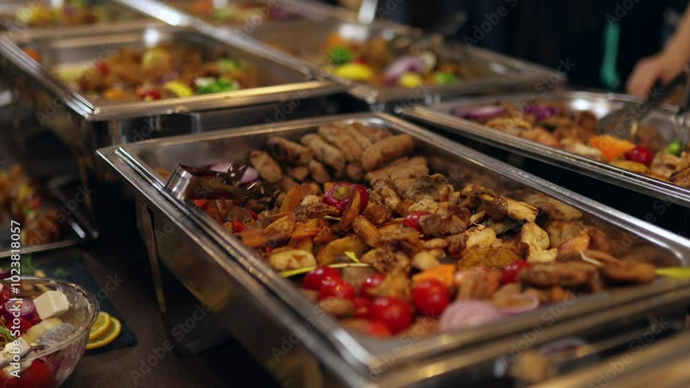 A vibrant buffet table displays an array of grilled meats and fresh vegetables, complemented by colorful garnishes and side dishes. Perfect for a community gathering. A vibrant buffet table displays an array of grilled meats and fresh vegetables, complemented by colorful garnishes and side dishes. Perfect for a community gathering.