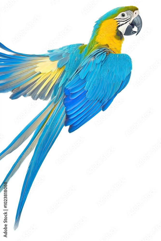 Fototapeta premium Adorable Blue and Yellow Parrot Showcasing Vibrant Feathers Against a White Background
