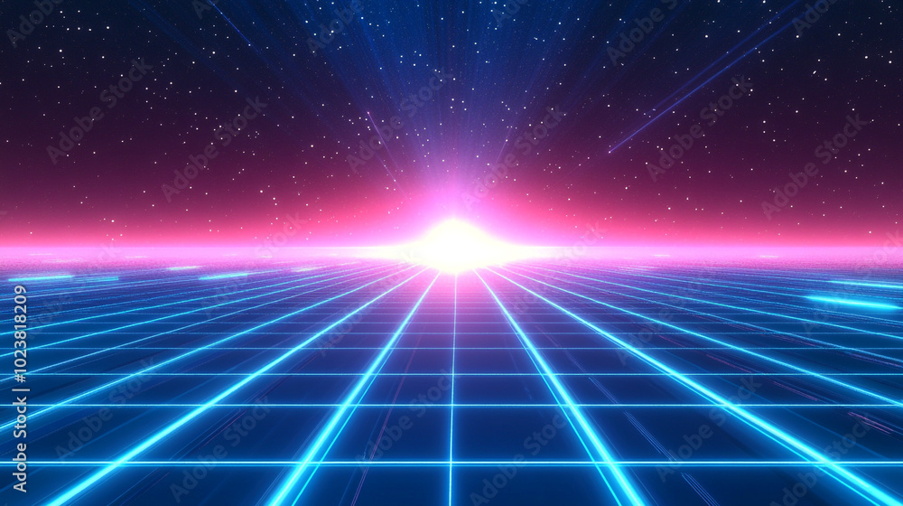 Futuristic Retro 80s Synthwave Horizon with Glowing Grid and Stars Futuristic Retro 80s Synthwave Horizon with Glowing Grid and Stars
