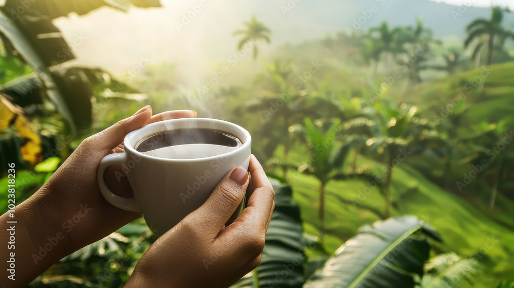 Hands holding a cup of coffee over lush green coffee plantation Hands holding a cup of coffee over lush green coffee plantation