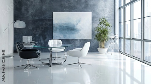 Contemporary home office with sleek furniture, natural lighting, and modern wall art, copy space