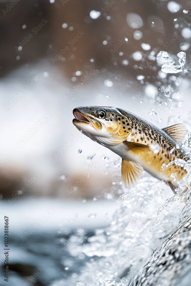 Brown Trout Leaps From Water, Creating Splashes During an Afternoon Fishing Adventure Brown Trout Leaps From Water, Creating Splashes During an Afternoon Fishing Adventure