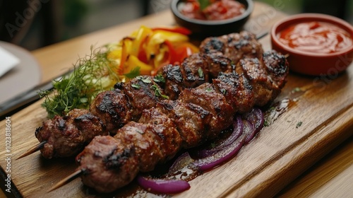 Grilled Meat Skewers with Vegetables and Sauces