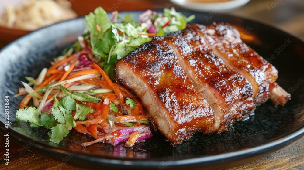 Grilled Meat with Fresh Salad on Black Plate Grilled Meat with Fresh Salad on Black Plate