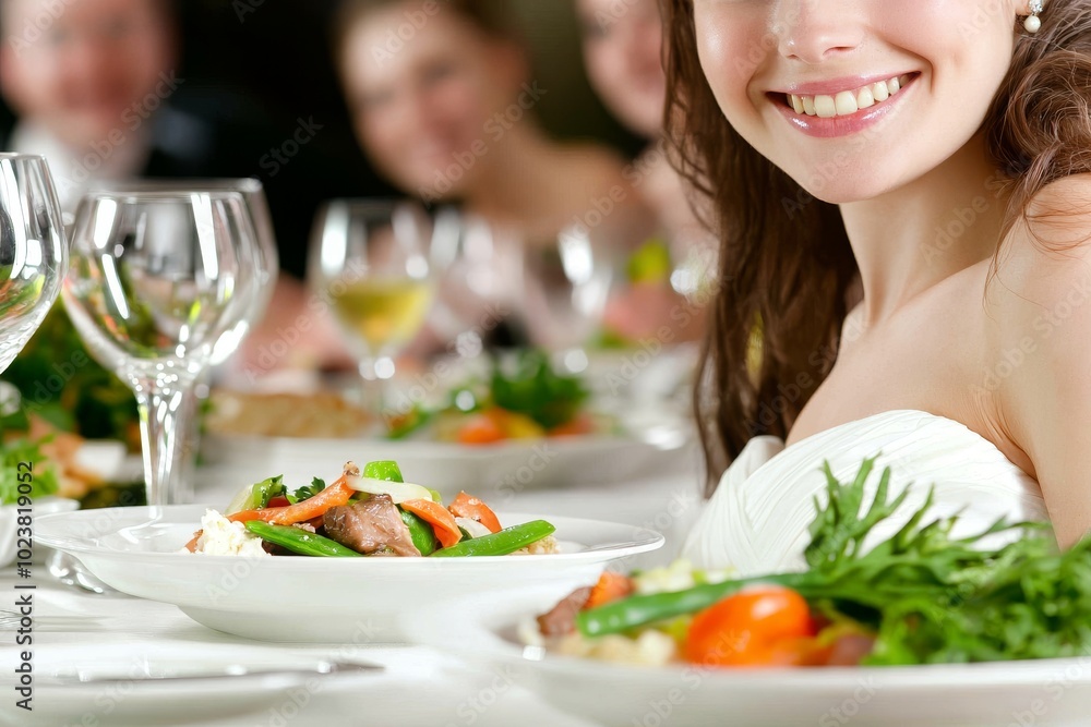 A gorgeous brunette in a silk evening gown smiles at the camera while enjoying a wedding party while seated at the serving table A gorgeous brunette in a silk evening gown smiles at the camera while enjoying a wedding party while seated at the serving table