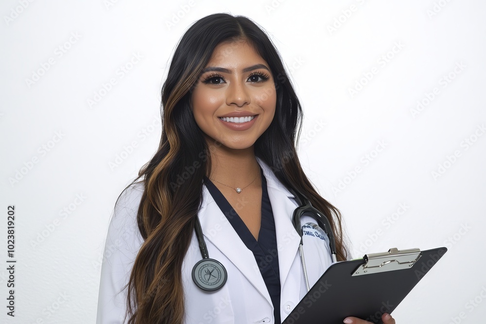Standing in the hallway of a hospital, a happy doctor holds a clipboard Standing in the hallway of a hospital, a happy doctor holds a clipboard