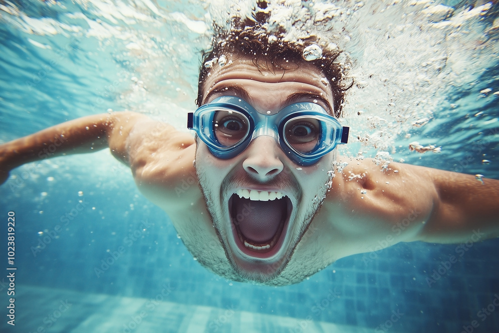 Fototapeta premium Swimmer in a pool, wearing goggles and diving in with an expression of joy. Generative AI