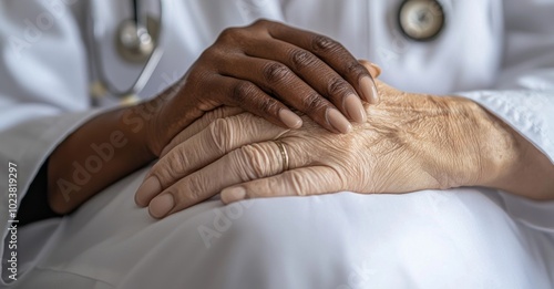 The hand of an African American doctor is held by a patient in closeup