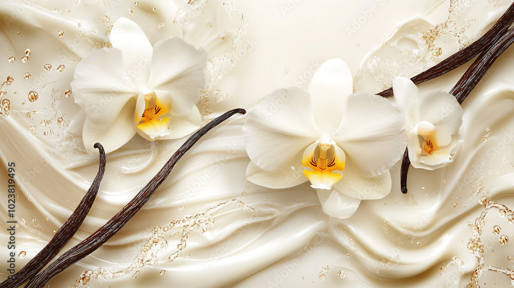 White Orchids with Vanilla Bean on Creamy Background White Orchids with Vanilla Bean on Creamy Background
