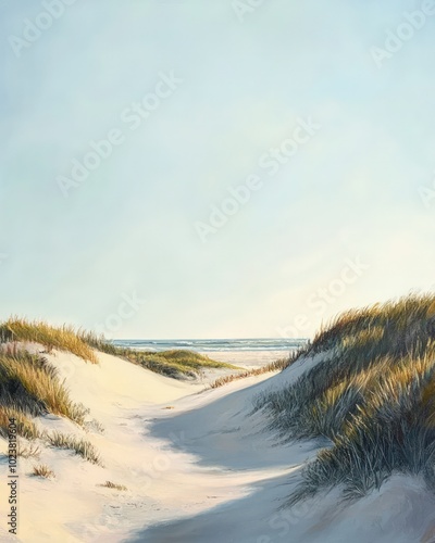 Coastal dune landscape with gentle sand slopes and sparse vegetation, framed by a bright, clear sky